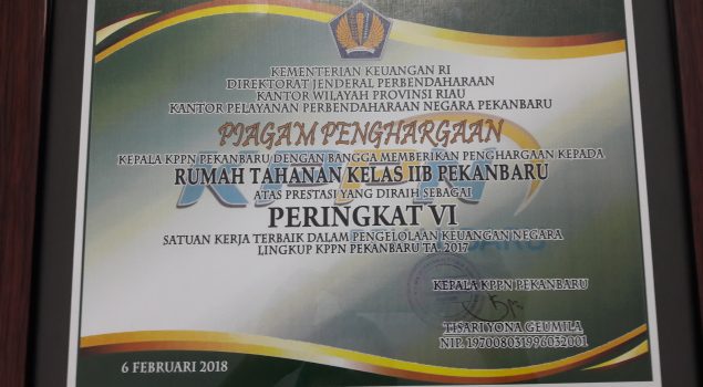 Rutan Pekanbaru Masuk 10 Besar Satker Terbaik KPPN Pekanbaru