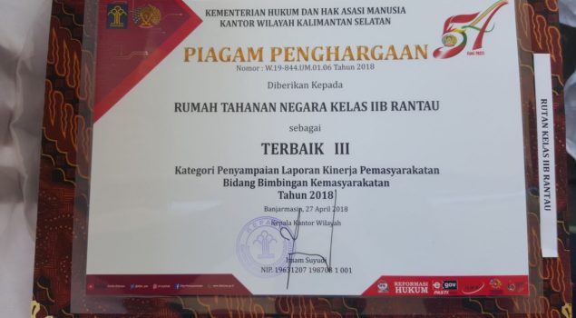 Rutan Rantau Raih Dua Penghargaan dari Kanwil Kalsel