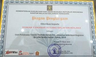 Rutan Kolaka Raih 2 Penghargaan UPT Terbaik Tahun 2018