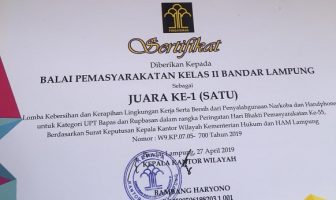 Bapas Bandar Lampung Juara Lomba Kebersihan & Kerapian serta Bersih Penyalahgunaan Narkoba