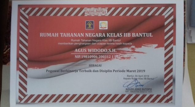 3 Petugas Teladan Rutan Bantul Raih Penghargaan