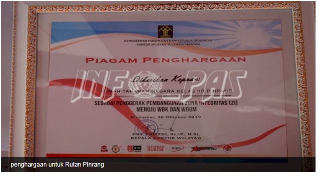 Rutan Pinrang Raih Penghargaan Penggerak Pembangunan ZI WBK/WBBM