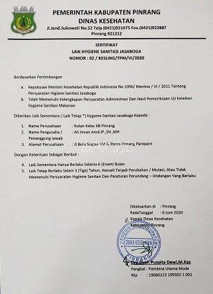 Pengelola Dapur Rutan Pinrang Tersertifikasi Laik Hygiene Sanitasi Jasa Boga