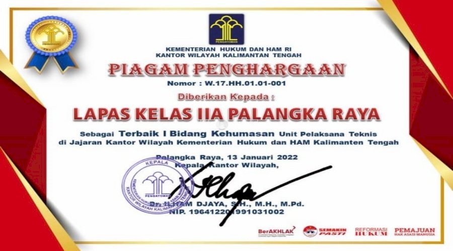 Lapas Palangka Raya Raih Penghargaan Terbaik I Kehumasan Kanwil Kalteng