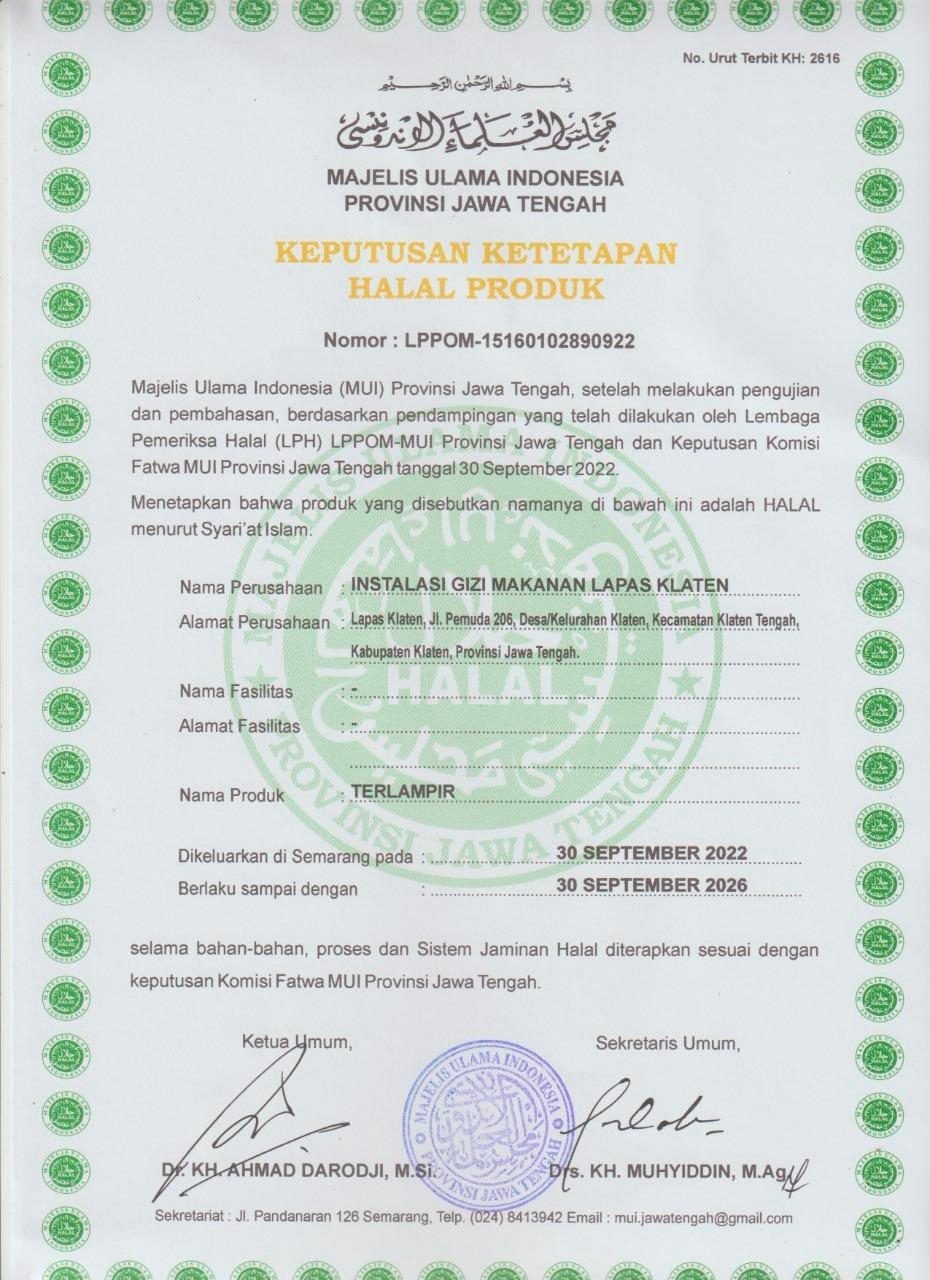 Raih Predikat Halal, Lapas Klaten Komitmen Tingkatkan Kualitas Layanan kepada WBP