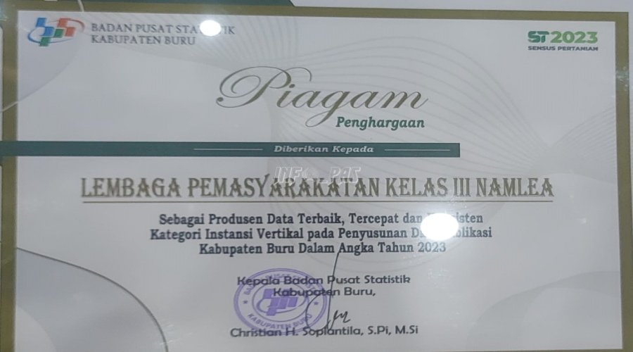 Lapas Namlea Raih Predikat Produsen Data Terbaik dan Konsisten dari BPS Kab. Buru 