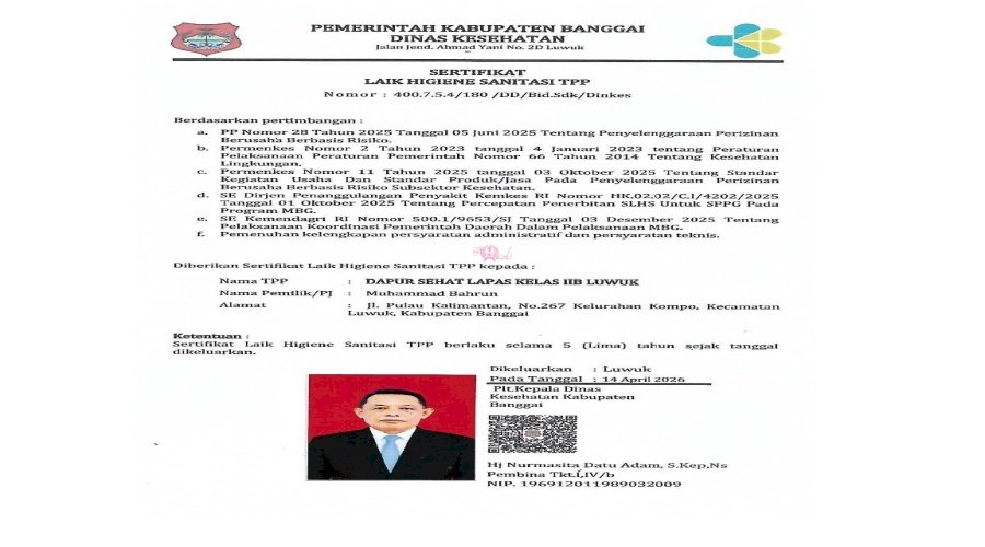 Lapas Luwuk Resmi Raih Sertifikat Laik Higiene Sanitasi Dapur Sehat
