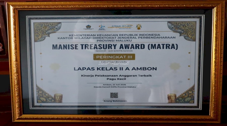Lapas Ambon Raih Penghargaan MATRA, Peringkat III Kinerja Pelaksanaan Anggaran Terbaik Pagu Kecil