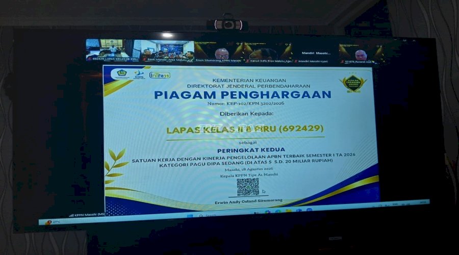 Lapas Piru Raih Peringkat II Terbaik Pengelolaan APBN pada Nusa Ina Treasury Awards 2026