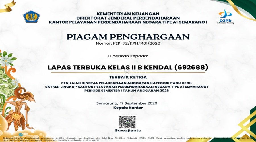 Lapas Terbuka Kendal Raih Penghargaan Terbaik 3 IKPA pada KPPN Semarang I Awards 2026