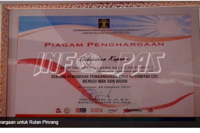 Rutan Pinrang Raih Penghargaan Penggerak Pembangunan ZI WBK/WBBM