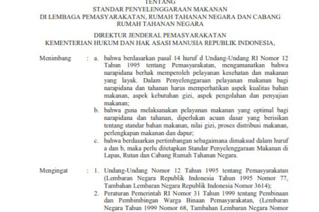 Standar Penyelenggaraan Makanan Di Lapas, Rutan, dan Cabang Rutan