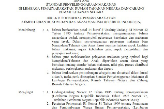 Standar Penyelenggaraan Makanan di Lapas, Rutan, dan Cabang Rutan