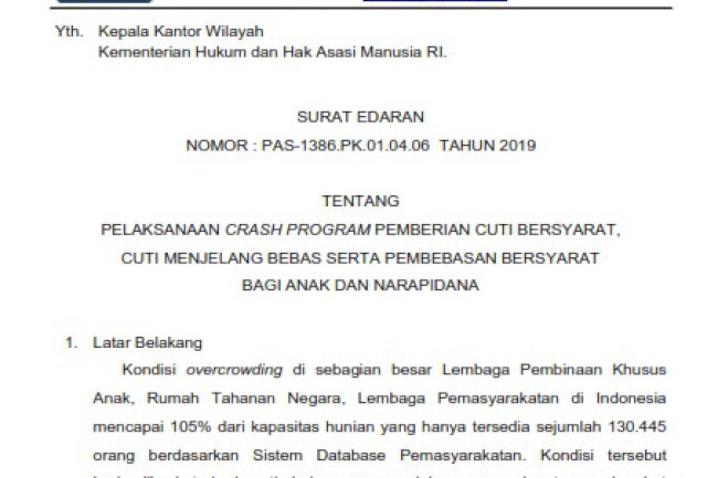 SE No. PAS-1386.PK.04.06 Th 2019 Tentang Pelaksanaan Crach Program Pemberian CB,CMB, Serta PB Bagi Anak dan Narapidana