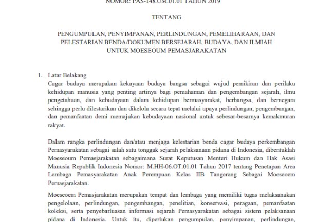 Surat Edaran  tentang Pengumpulan, Penyimpanan, Perlindungan, Pemeliharaan, dan Pelestarian Benda/Dokumen Bersejarah, Budaya, dan Ilmiah Untuk Moeseoum Pemasjarakatan