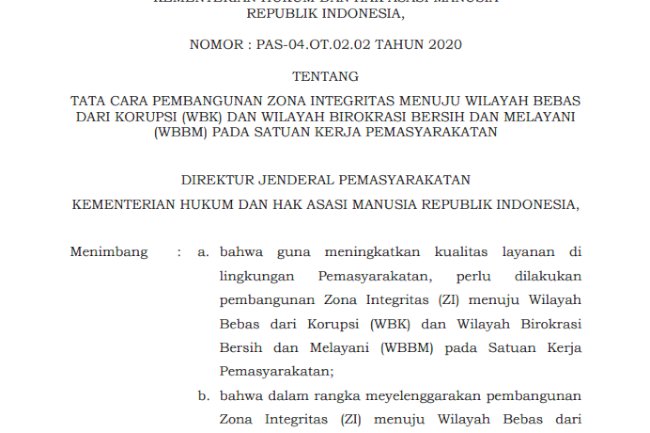 Keputusan Dirjenpas tentang  Tata Cara Pembangunan ZI Menuju WBK/WBBM Pada Satker Pemasyarakatan (Berikut Contoh Dokumen)