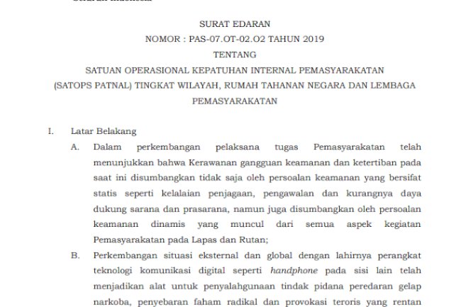 Surat Edaran Dijen PAS tentang Satops Patnal Pemasyarakatan