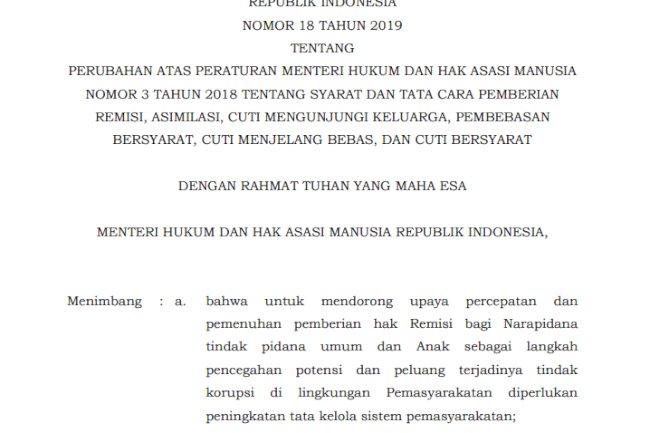 Peraturan Menteri Hukum dan HAM RI No. 18 Tahun 2019