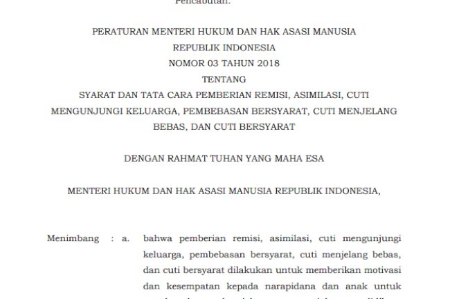 Peraturan Menteri Hukum dan HAM RI No. 3 Tahun 2018