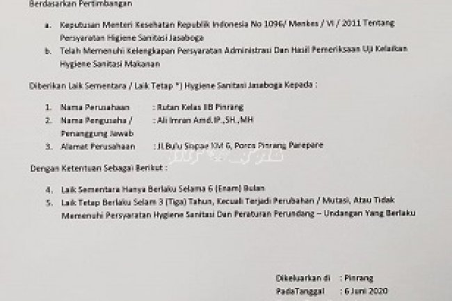 Pengelola Dapur Rutan Pinrang Tersertifikasi Laik Hygiene Sanitasi Jasa Boga