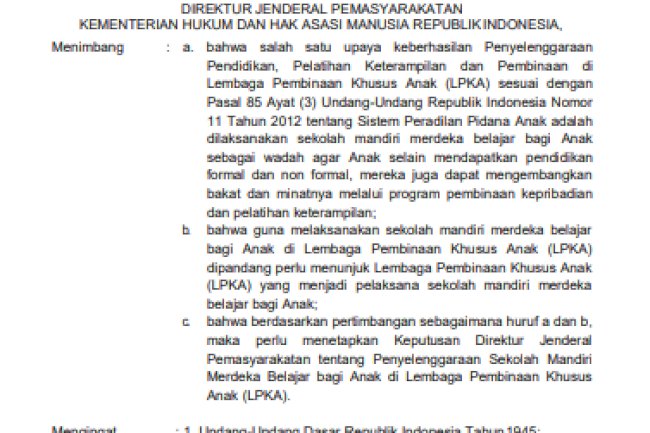 Keputusan Dirjenpas tentang Penyelenggaraan Sekolah Mandiri Merdeka Belajar bagi Anak di LPKA