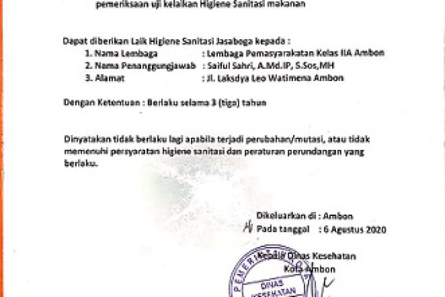 Dapur Lapas Ambon Raih Sertifikat Laik Hygiene Sanitasi Jasa Boga