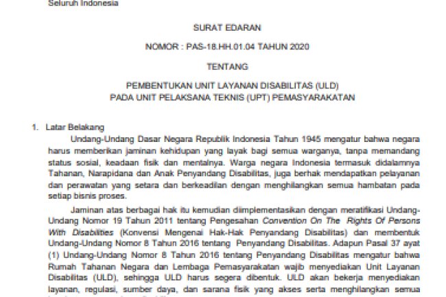 SE Dirjen Pemasyarakatan No. PAS-18.HH.01.04 Tahun 2020 tentang Pembentukan ULD pada UPT Pemasyarakatan