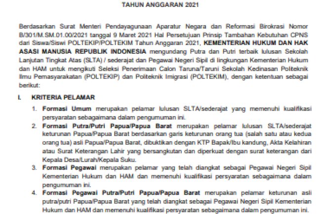 Pengumuman Penerimaan Catar Sekolah Kedinasan Poltekip dan Poltekim Kemenkumham TA 2021