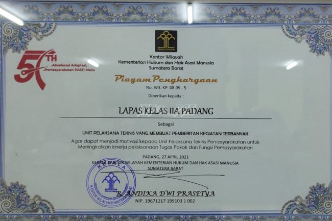 Lapas Padang Raih Penghargaan UPT Pembuat Berita Terbanyak di Sumbar