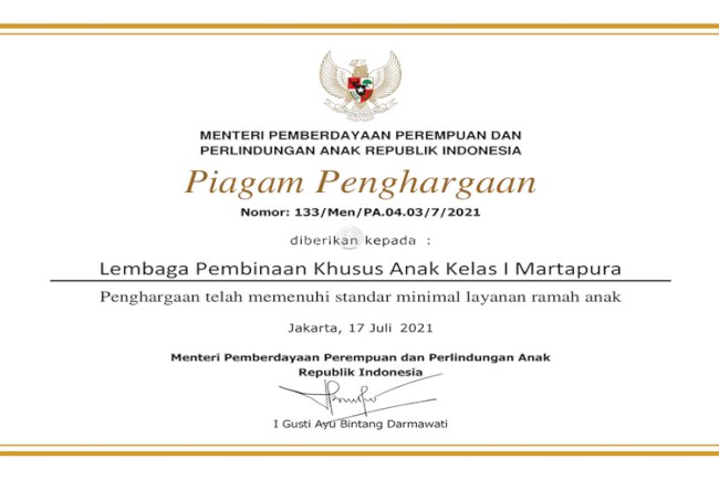 LPKA Martapura Raih Penghargaan dari Kementerian PPPA