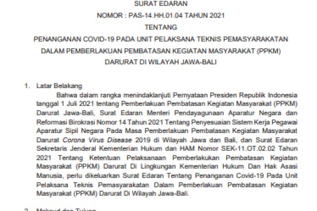 SE Penanganan COVID-19 pada UPT Pemasyarakatan dalam PPKM Darurat di Wilayah Jawa-Bali