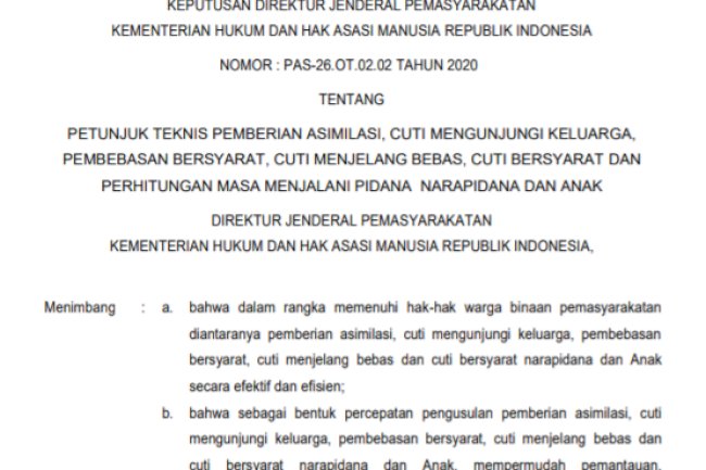 Keputusan Dirjenpas tentang Juknis Pemberian Asimilasi, CMK, PB, CMB, CB, dan Perhitungan Menjalani Pidana Narapidana dan Anak
