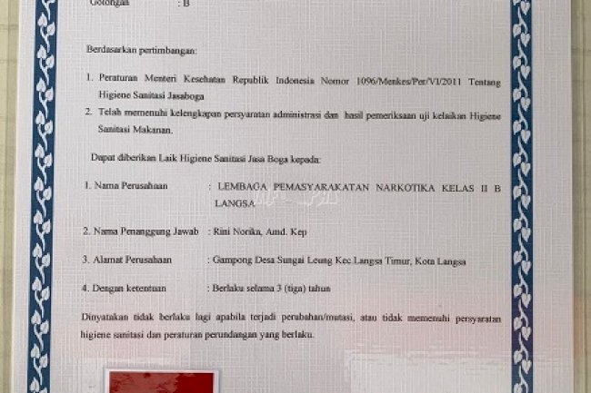 Dapur LPN Langsa Raih Sertifikat Laik Hygiene Sanitasi Jasa Boga