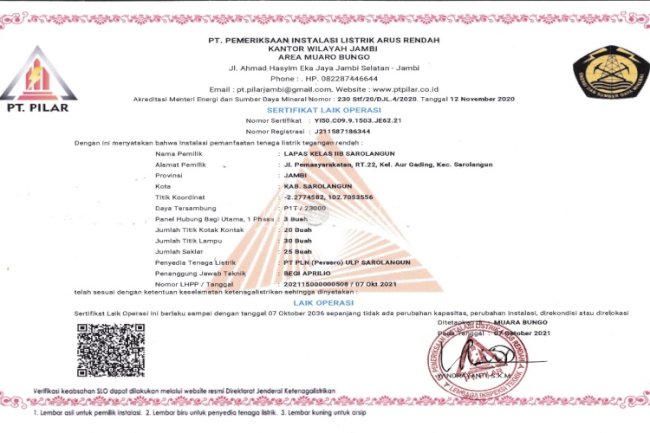 Instalasi Listrik Lapas Sarolangun Raih Sertifikat Laik Operasi