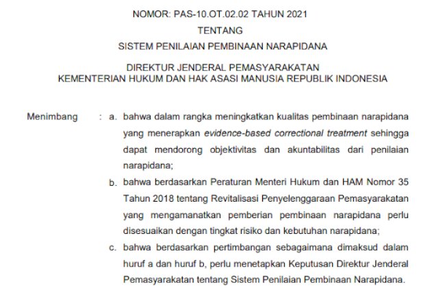Keputusan Dirjenpas tentang Sistem Penilaian Pembinaan Narapidana