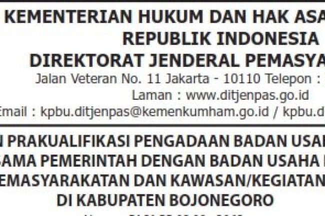 Pengumuman Prakualifikasi Pengadaan Proyek Pembangunan Lapas Bojonegoro
