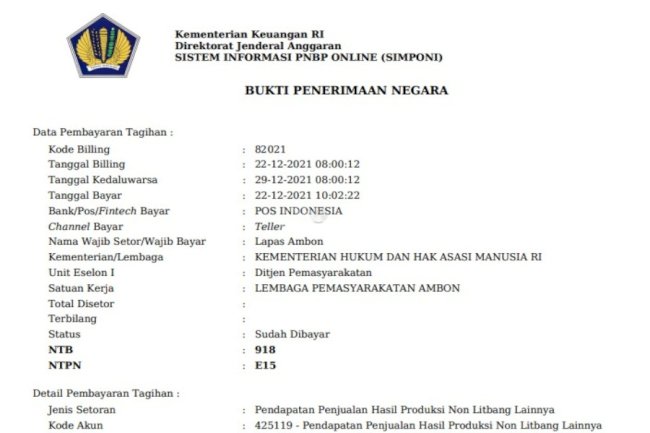 Setoran PNBP Lapas Ambon Capai Target 100%