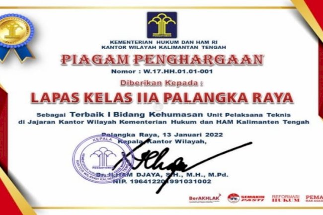 Lapas Palangka Raya Raih Penghargaan Terbaik I Kehumasan Kanwil Kalteng