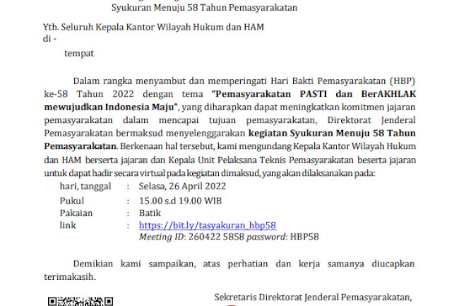 Undangan Menghadiri Secara Virtual Syukuran Menuju HBP Ke-58