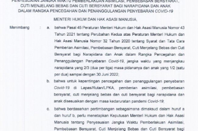 Penyesuaian Jangka Waktu Pemberlakuan Asimilasi, Pembebasan Bersyarat, dst Tahun 2022