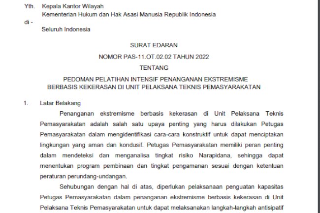 SE tentang Pedoman Pelatihan Intensif Penanganan Ekstremisme Berbasis Kekerasan di UPT Pemasyarakatan