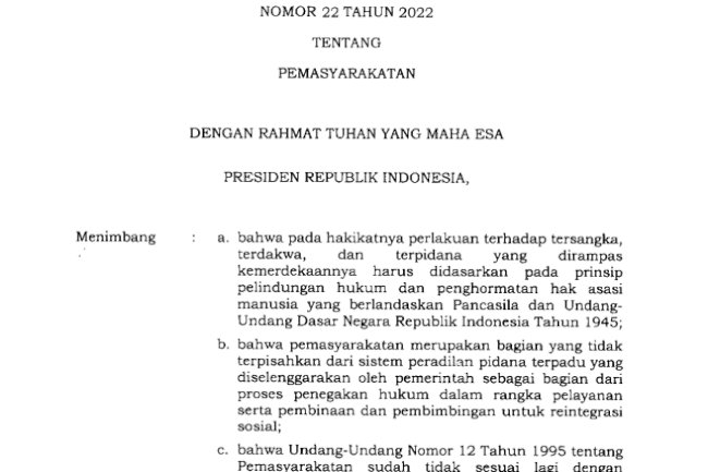 Undang-Undang RI No. 22 Tahun 2022 tentang Pemasyarakatan