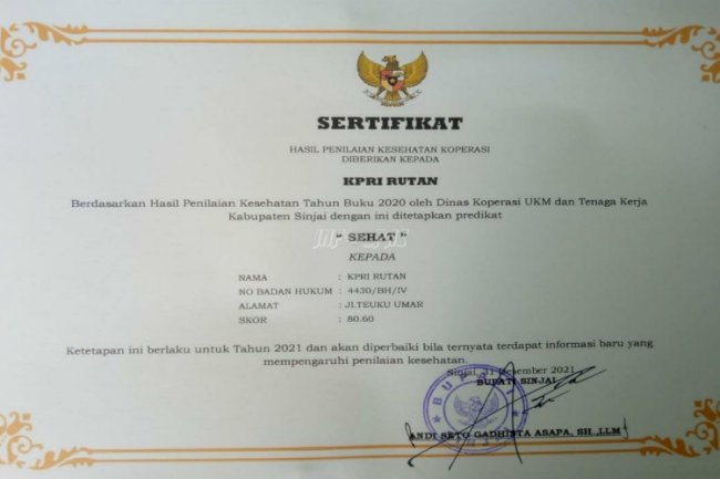 KPRI Rutan Sinjai Sandang Predikat Koperasi Sehat