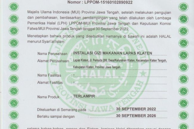 Raih Predikat Halal, Lapas Klaten Komitmen Tingkatkan Kualitas Layanan kepada WBP