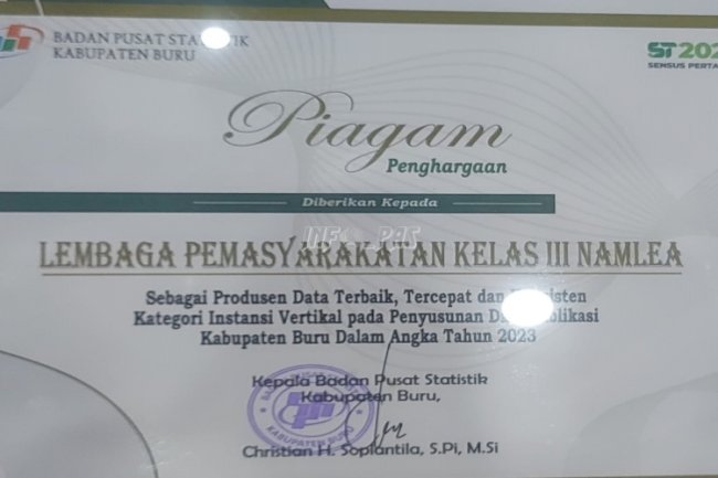 Lapas Namlea Raih Predikat Produsen Data Terbaik dan Konsisten dari BPS Kab. Buru 