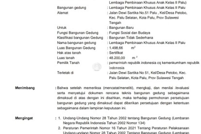 Sah, LPKA Palu Terima Sertifikat PBG untuk Bangunan Kantor Barunya