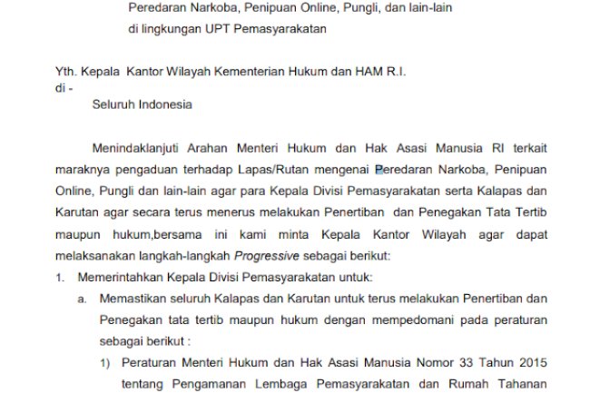 SE tentang Pelaksanaan Langkah Progresif sebagai Tindak Lanjut atas Maraknya Pengaduan terhadap Lapas/Rutan