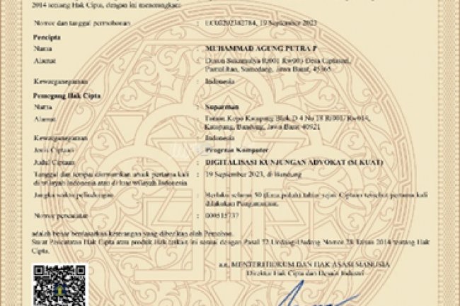 Aplikasi “SIKUAT” Rutan Bandung Raih Sertifikat Hak Cipta