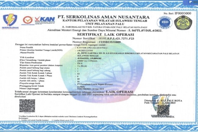 LPKA Palu Raih Sertifikat Laik Operasi Kelistrikan