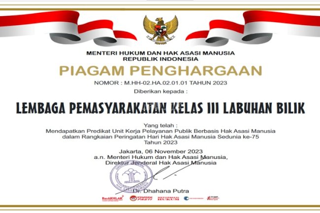 Lapas Labuhan Bilik Kembali Raih Penghargaan P2HAM